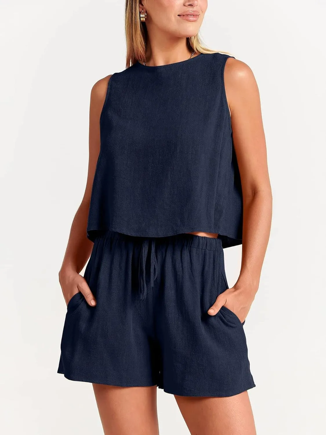 2 Piece Lounge Set Women Cotton Linen Sleeveless Tank Crop Top and Shorts Matching Sets Summer Vacation Outfits
