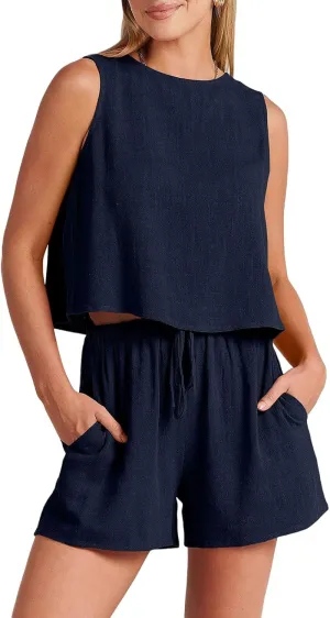 2 Piece Lounge Set Women Cotton Linen Sleeveless Tank Crop Top and Shorts Matching Sets Summer Vacation Outfits