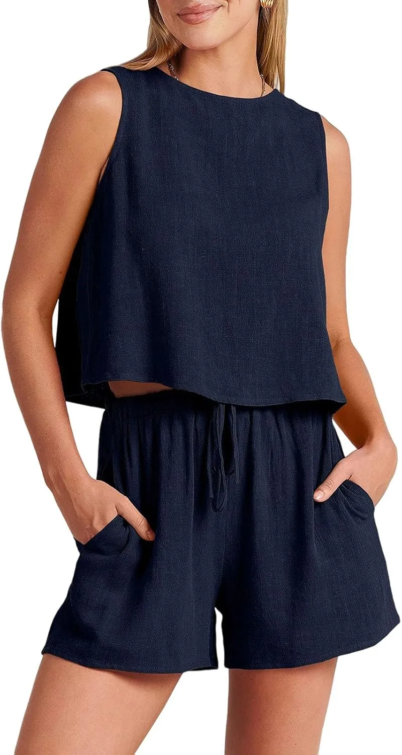 2 Piece Lounge Set Women Cotton Linen Sleeveless Tank Crop Top and Shorts Matching Sets Summer Vacation Outfits
