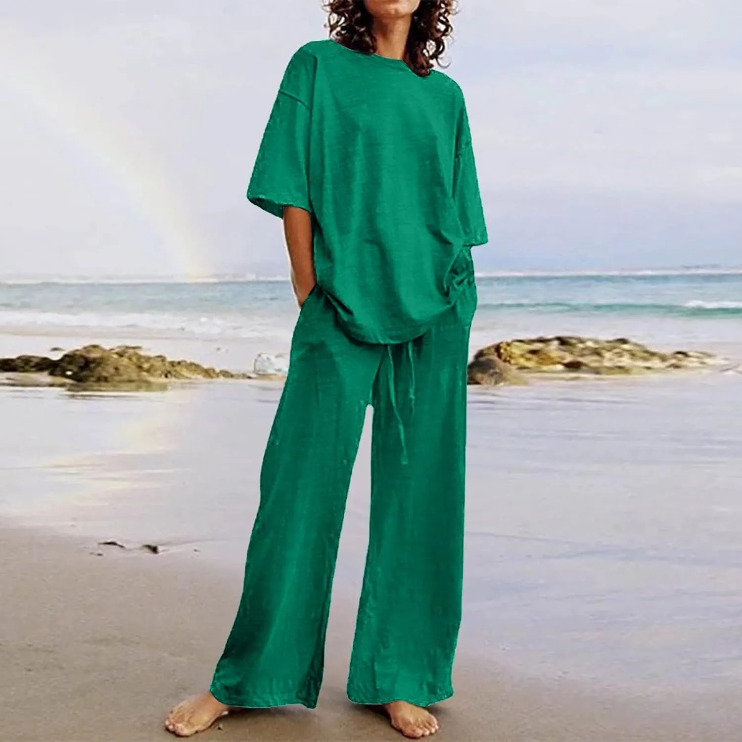 2 Piece Summer Sets for Women Oversized Cotton Linen T-Shirts Straight Leg Palazzo Pants Matching Set Tracksuit