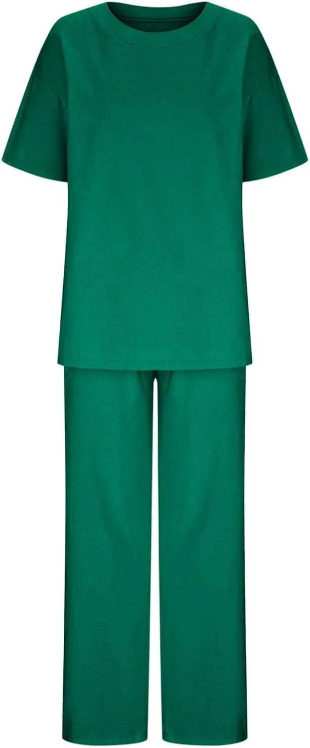 2 Piece Summer Sets for Women Oversized Cotton Linen T-Shirts Straight Leg Palazzo Pants Matching Set Tracksuit