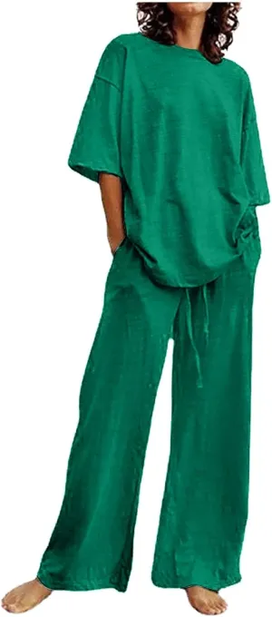 2 Piece Summer Sets for Women Oversized Cotton Linen T-Shirts Straight Leg Palazzo Pants Matching Set Tracksuit