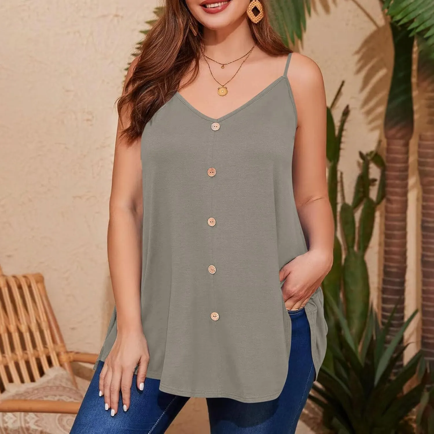 2025 Plus Size Tank Tops for Women Summer Buttons V Neck Solid Color Sleeveless Tanks Loose Fit Pleated Flowy Cami