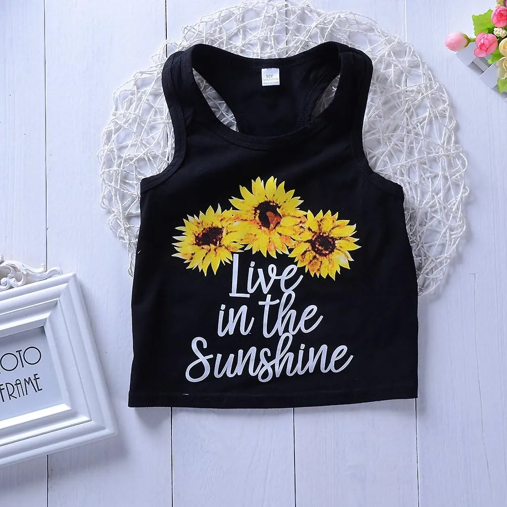 2pcs/Set Toddler Kids Baby Girl Sleeveless Floral T-Shirt Top Sunflower Denim Jeans Shorts Outfits 1-8T