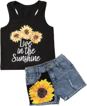 2pcs/Set Toddler Kids Baby Girl Sleeveless Floral T-Shirt Top Sunflower Denim Jeans Shorts Outfits 1-8T
