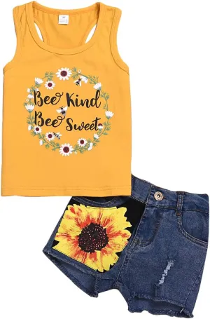 2pcs/Set Toddler Kids Baby Girl Sleeveless Floral T-Shirt Top Sunflower Denim Jeans Shorts Outfits 1-8T