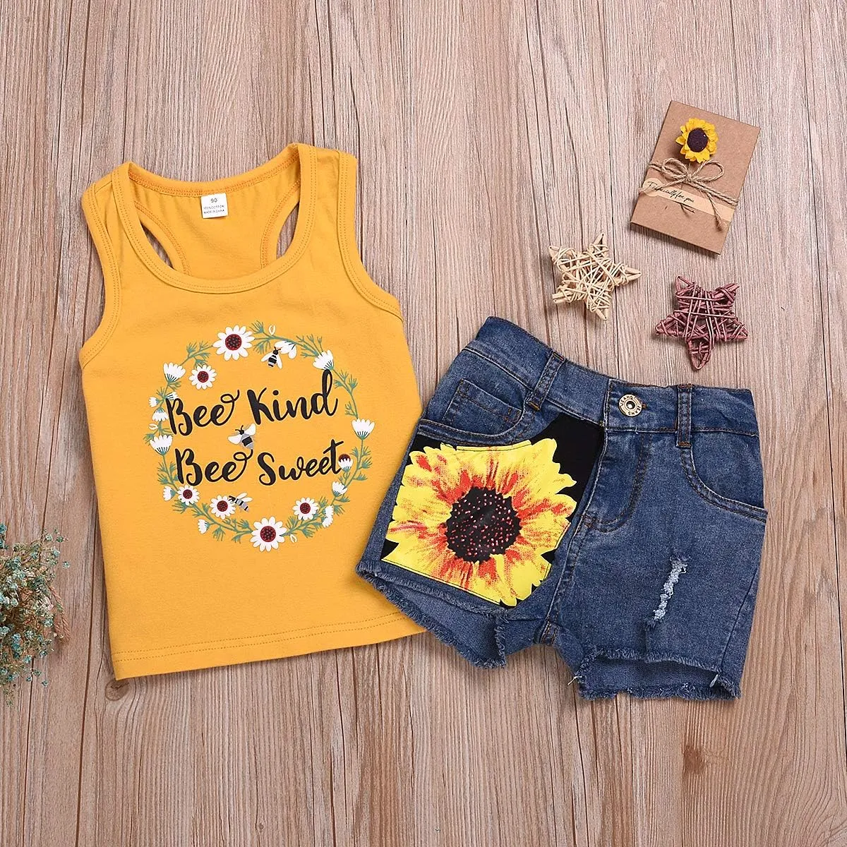 2pcs/Set Toddler Kids Baby Girl Sleeveless Floral T-Shirt Top Sunflower Denim Jeans Shorts Outfits 1-8T