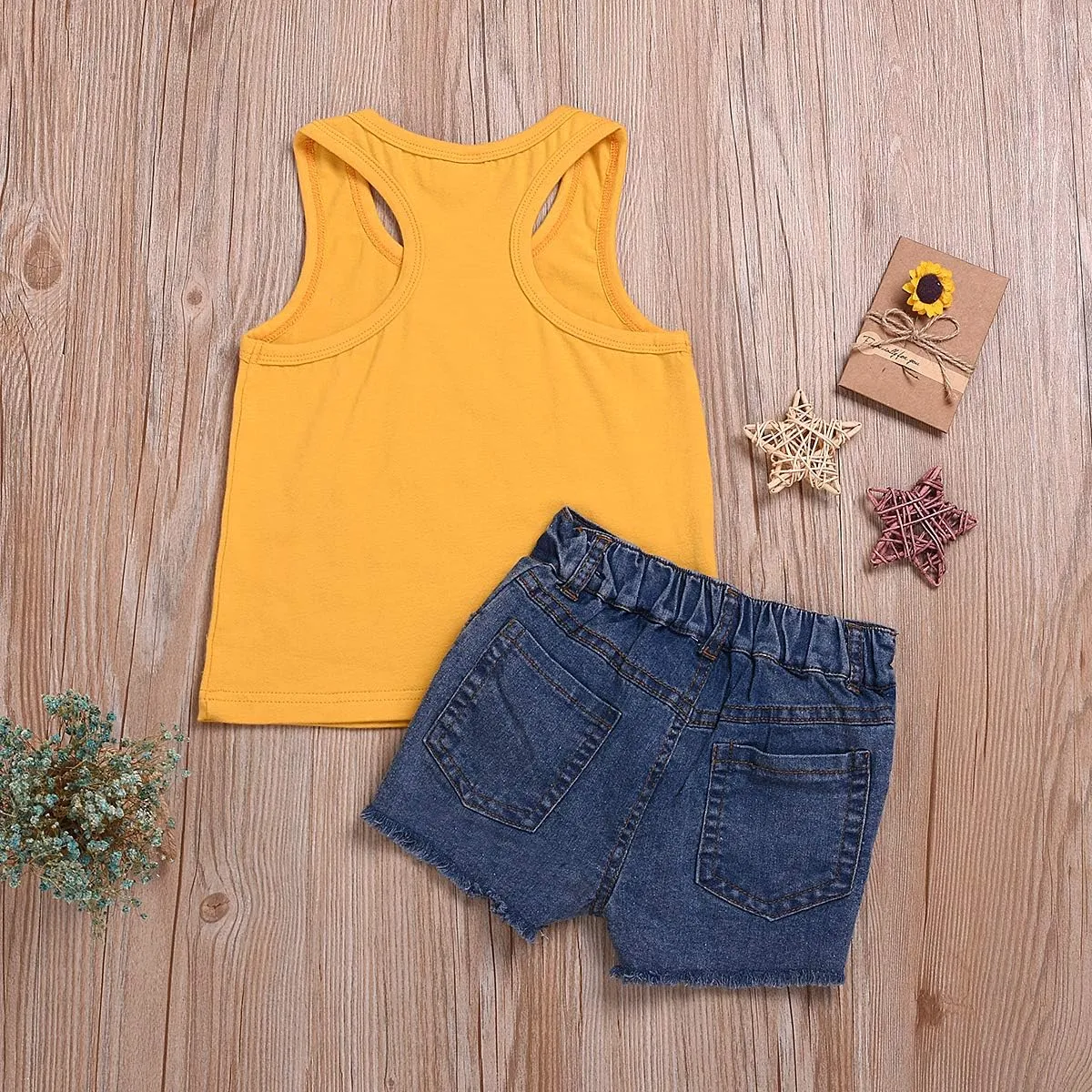 2pcs/Set Toddler Kids Baby Girl Sleeveless Floral T-Shirt Top Sunflower Denim Jeans Shorts Outfits 1-8T