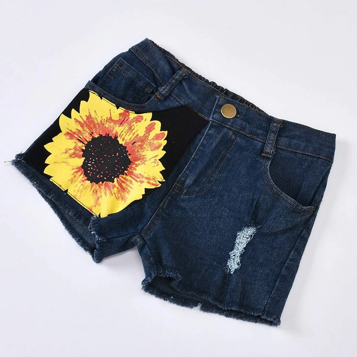 2pcs/Set Toddler Kids Baby Girl Sleeveless Floral T-Shirt Top Sunflower Denim Jeans Shorts Outfits 1-8T