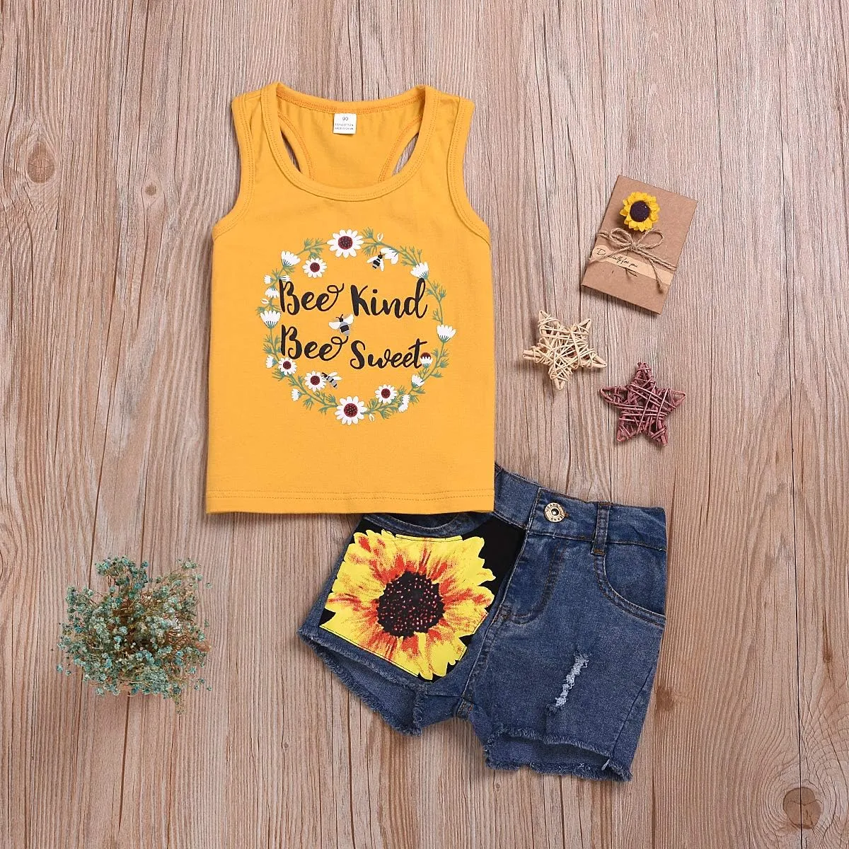2pcs/Set Toddler Kids Baby Girl Sleeveless Floral T-Shirt Top Sunflower Denim Jeans Shorts Outfits 1-8T