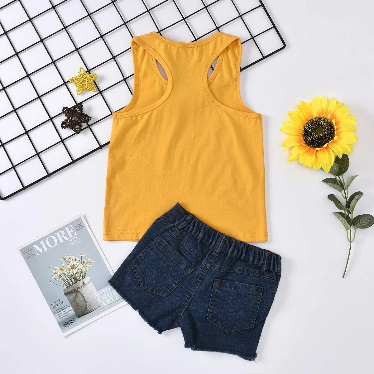 2pcs/Set Toddler Kids Baby Girl Sleeveless Floral T-Shirt Top Sunflower Denim Jeans Shorts Outfits 1-8T