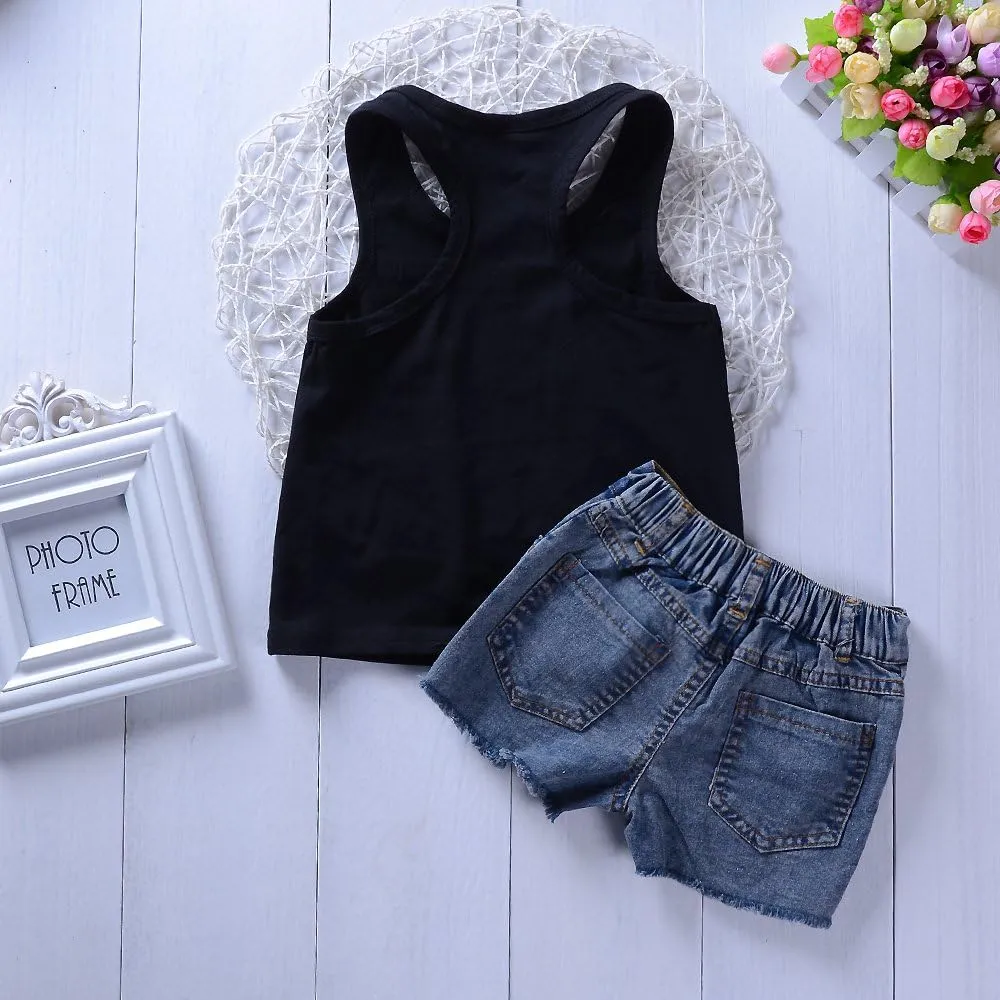 2pcs/Set Toddler Kids Baby Girl Sleeveless Floral T-Shirt Top Sunflower Denim Jeans Shorts Outfits 1-8T