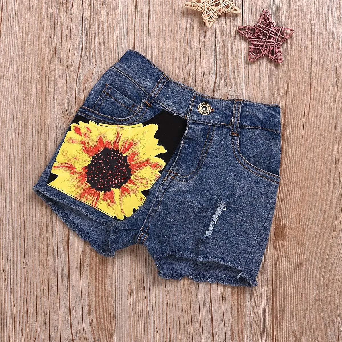 2pcs/Set Toddler Kids Baby Girl Sleeveless Floral T-Shirt Top Sunflower Denim Jeans Shorts Outfits 1-8T