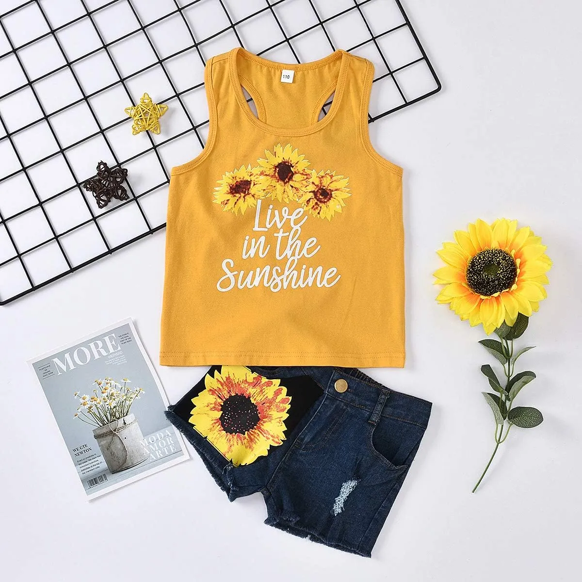 2pcs/Set Toddler Kids Baby Girl Sleeveless Floral T-Shirt Top Sunflower Denim Jeans Shorts Outfits 1-8T