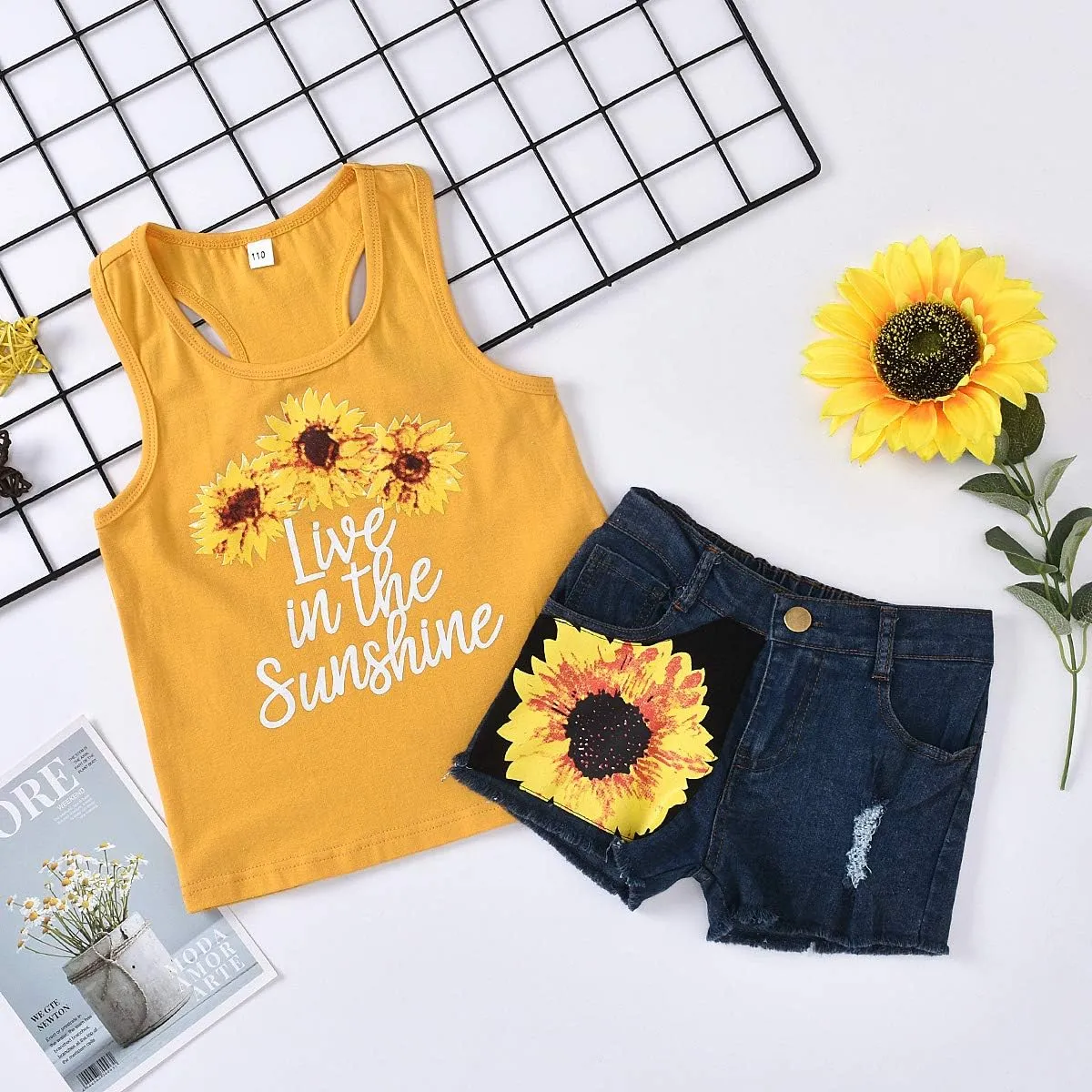 2pcs/Set Toddler Kids Baby Girl Sleeveless Floral T-Shirt Top Sunflower Denim Jeans Shorts Outfits 1-8T