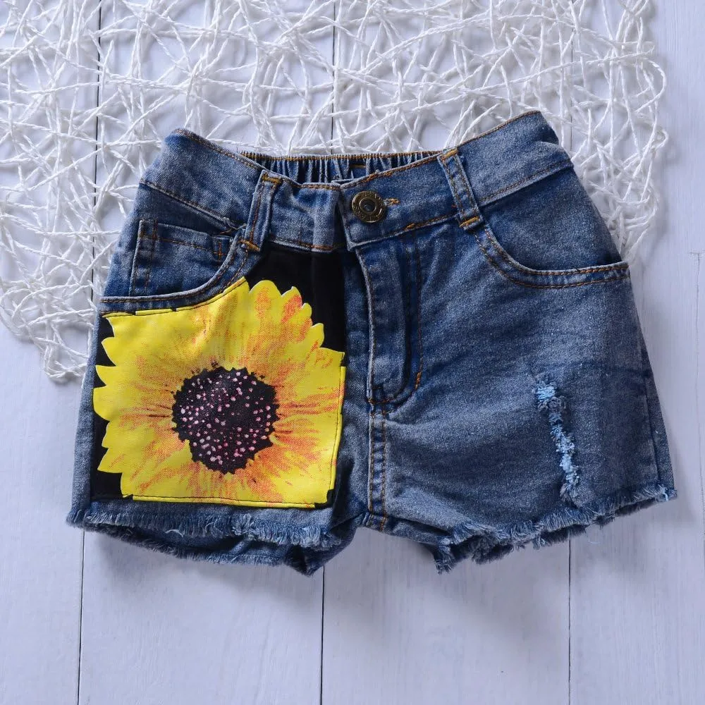 2pcs/Set Toddler Kids Baby Girl Sleeveless Floral T-Shirt Top Sunflower Denim Jeans Shorts Outfits 1-8T