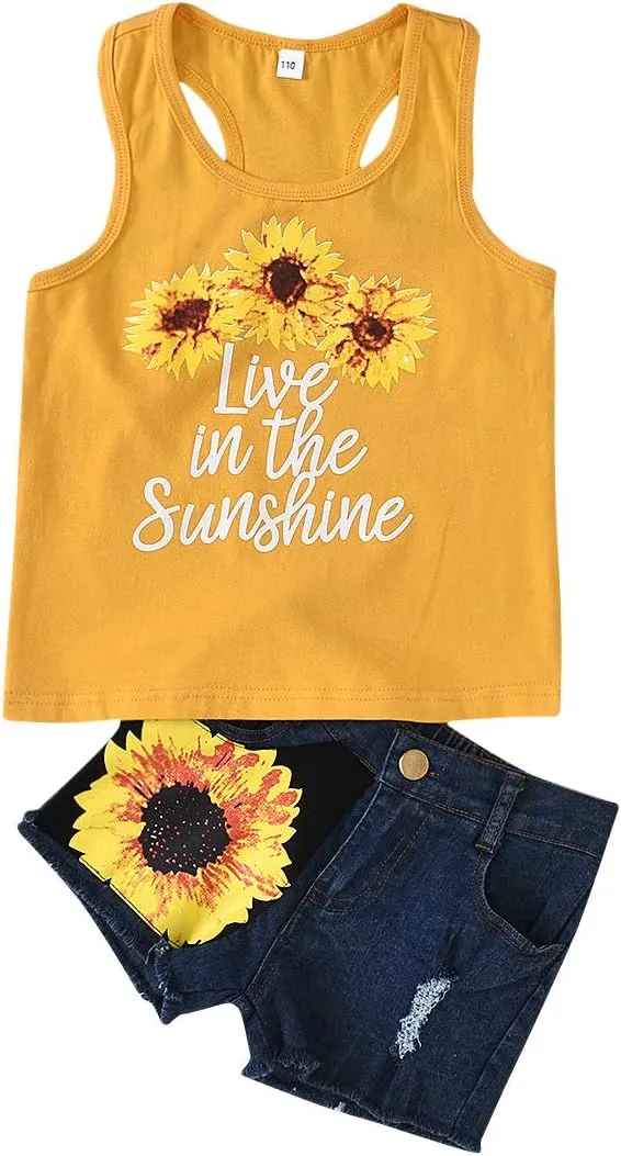 2pcs/Set Toddler Kids Baby Girl Sleeveless Floral T-Shirt Top Sunflower Denim Jeans Shorts Outfits 1-8T