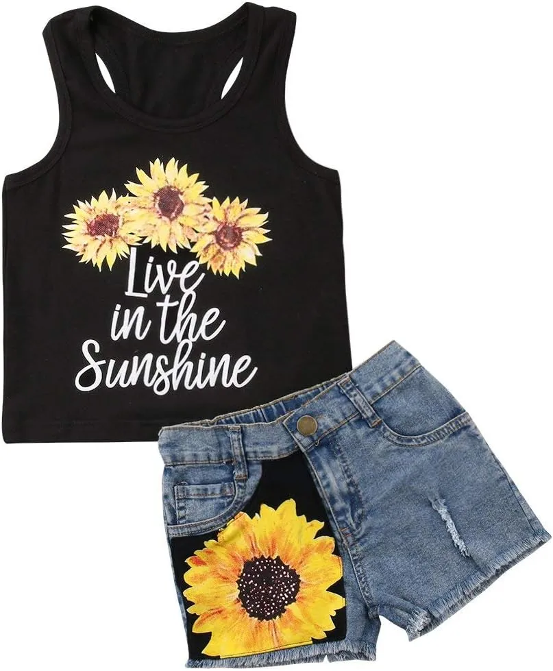 2pcs/Set Toddler Kids Baby Girl Sleeveless Floral T-Shirt Top Sunflower Denim Jeans Shorts Outfits 1-8T