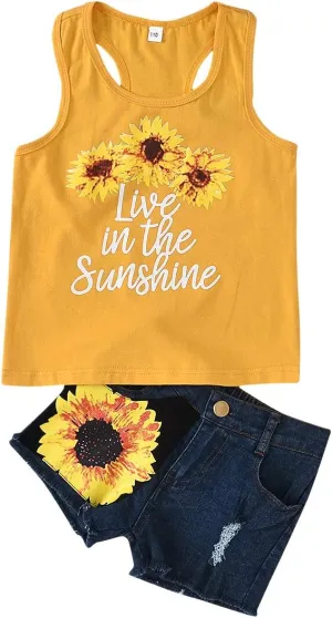 2pcs/Set Toddler Kids Baby Girl Sleeveless Floral T-Shirt Top Sunflower Denim Jeans Shorts Outfits 1-8T