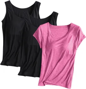 3 Pack Women Modal Built in Bra Tops Summer Soft Comfy Tank Top/Short Sleeve Scoop Neck Yoga Workout Undershirts