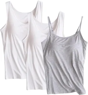 3 Pack Women Modal Camisole Tank Tops with Built in Bra Summer Soft Comfy Sleeveless Scoop Neck Workout Undershirts