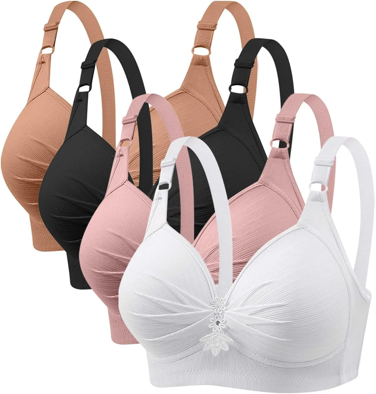 4 Piece Tshirt Bras for Women Sexy Push Up No Underwire Bra Soft Comfy Lace Everyday Bralettes Wireless Underwear Top