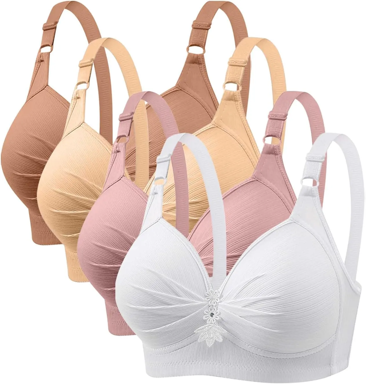 4 Piece Tshirt Bras for Women Sexy Push Up No Underwire Bra Soft Comfy Lace Everyday Bralettes Wireless Underwear Top