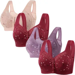 4PC Daisy Bras for Older Women Breathable Front Close Button Cotton Bra Full Support Wide Back No Underwire Underwear