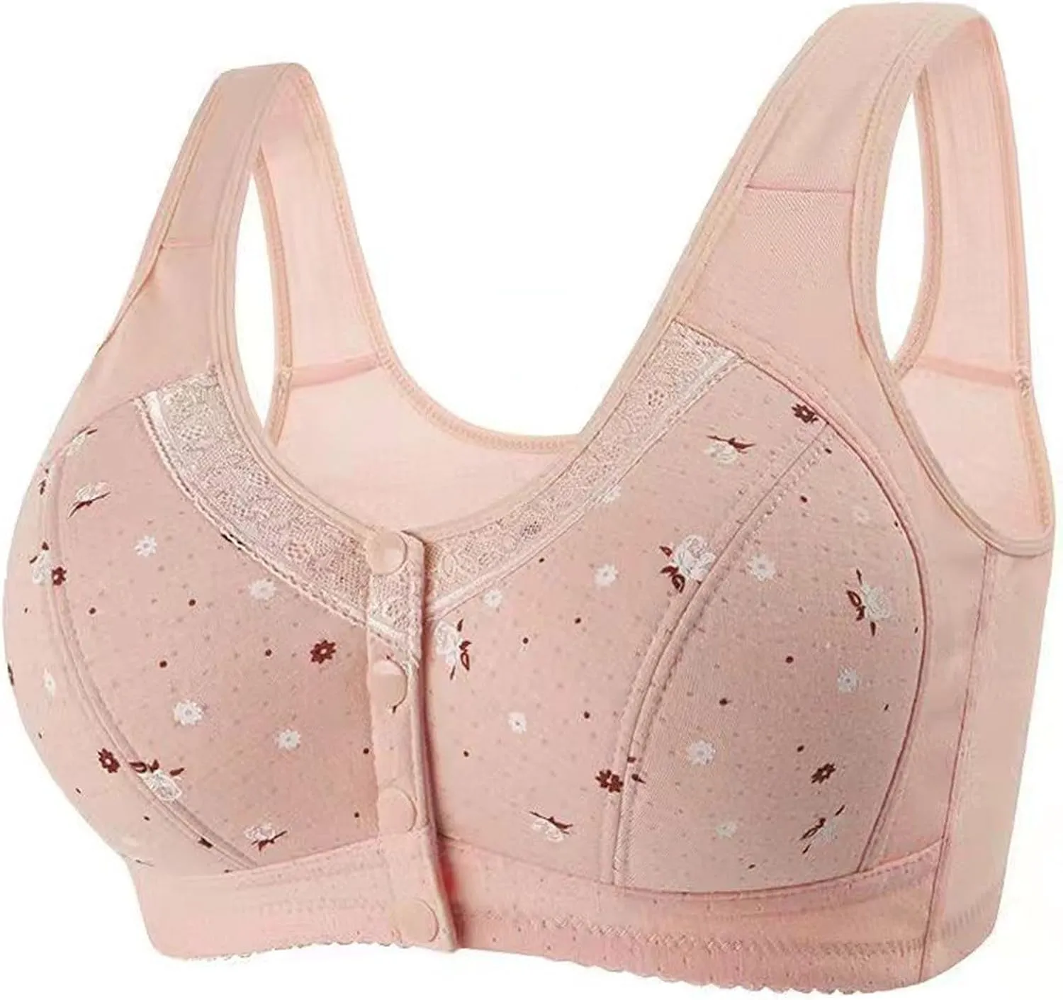 4PC Daisy Bras for Older Women Breathable Front Close Button Cotton Bra Full Support Wide Back No Underwire Underwear