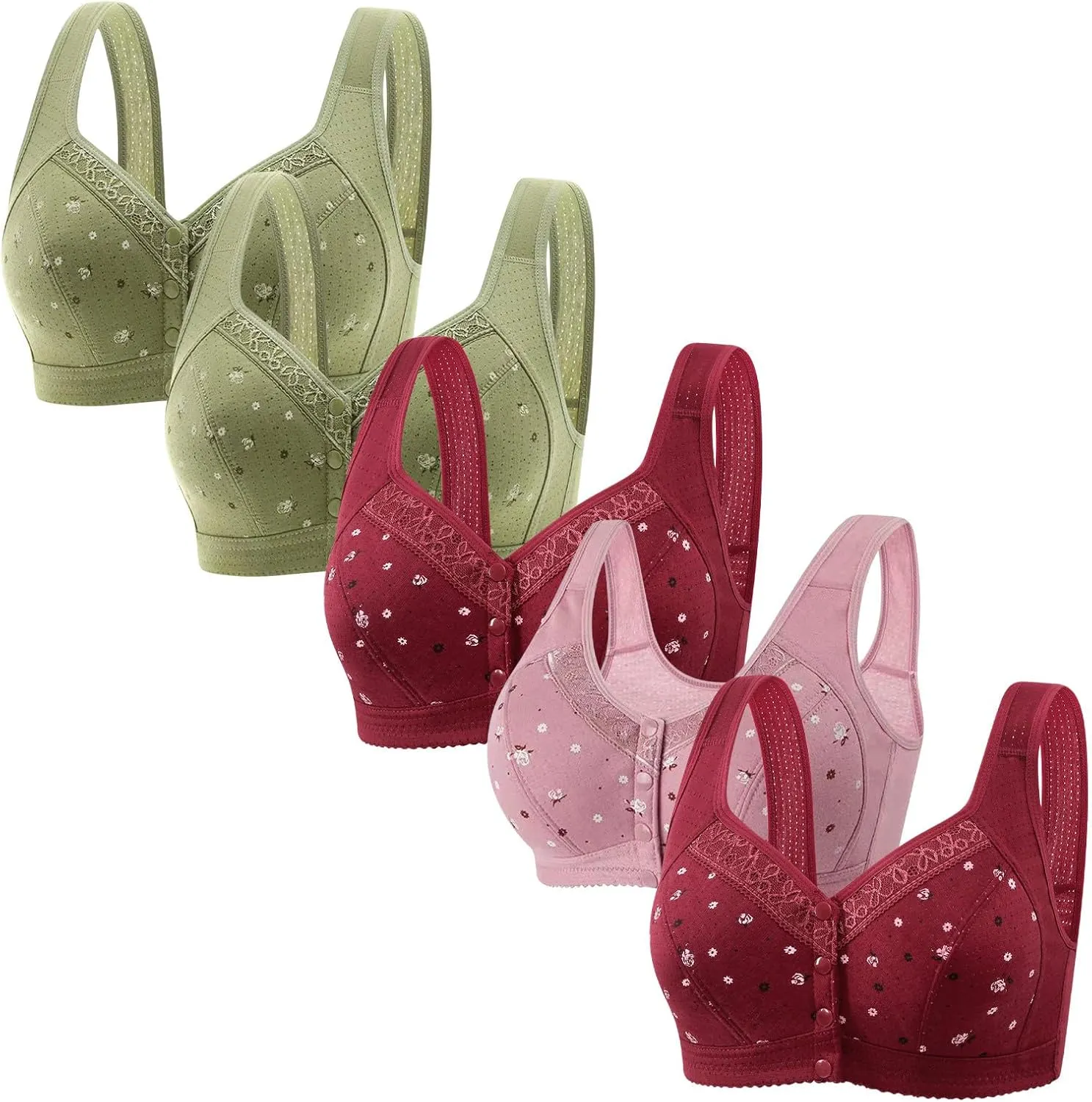 5 Pcs Front Closure Daisy Bras 2025 Older Women No Wire Bra Underwear Comfortable Convenient Wirefree Push Up Bras