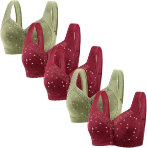 5Packs Women's Daisy Bra Front Closure Bralettes Sports Push Up Bras No Underwire High Support Front Snaps Underwear