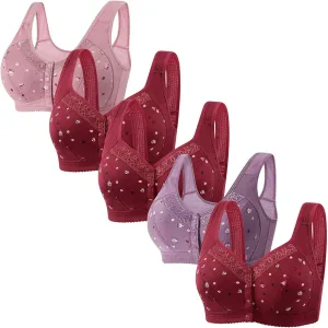 5Pcs Daisy Bras for Older Women Front Closure No Underwire Bralettes Wireless Push Up Bra Plus Size Comfort Underwear