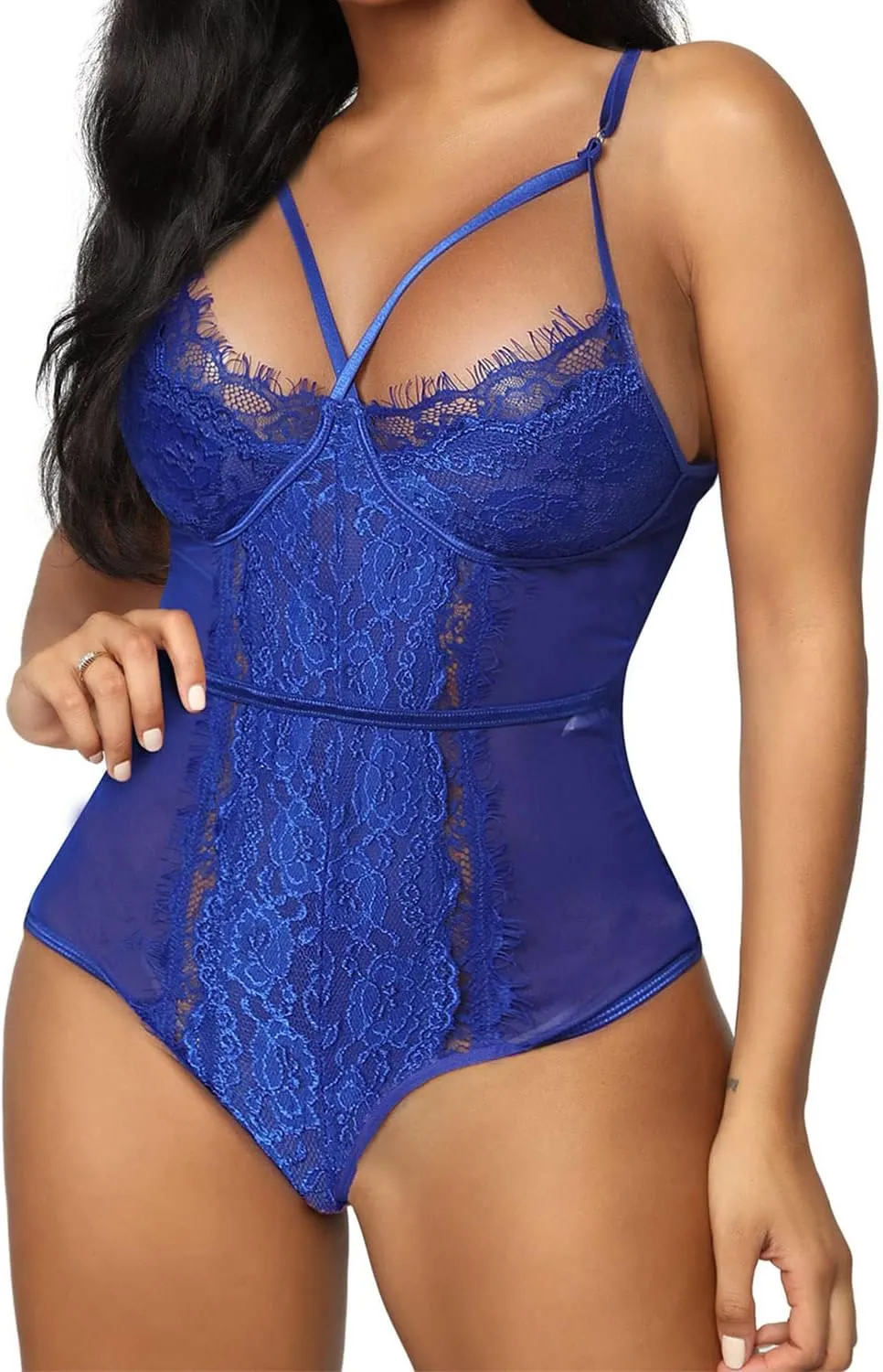 Aranmei Lingerie for Women Eyelash Lace Strappy Sexy Teddy Babydoll Lingerie with Snap Crotch