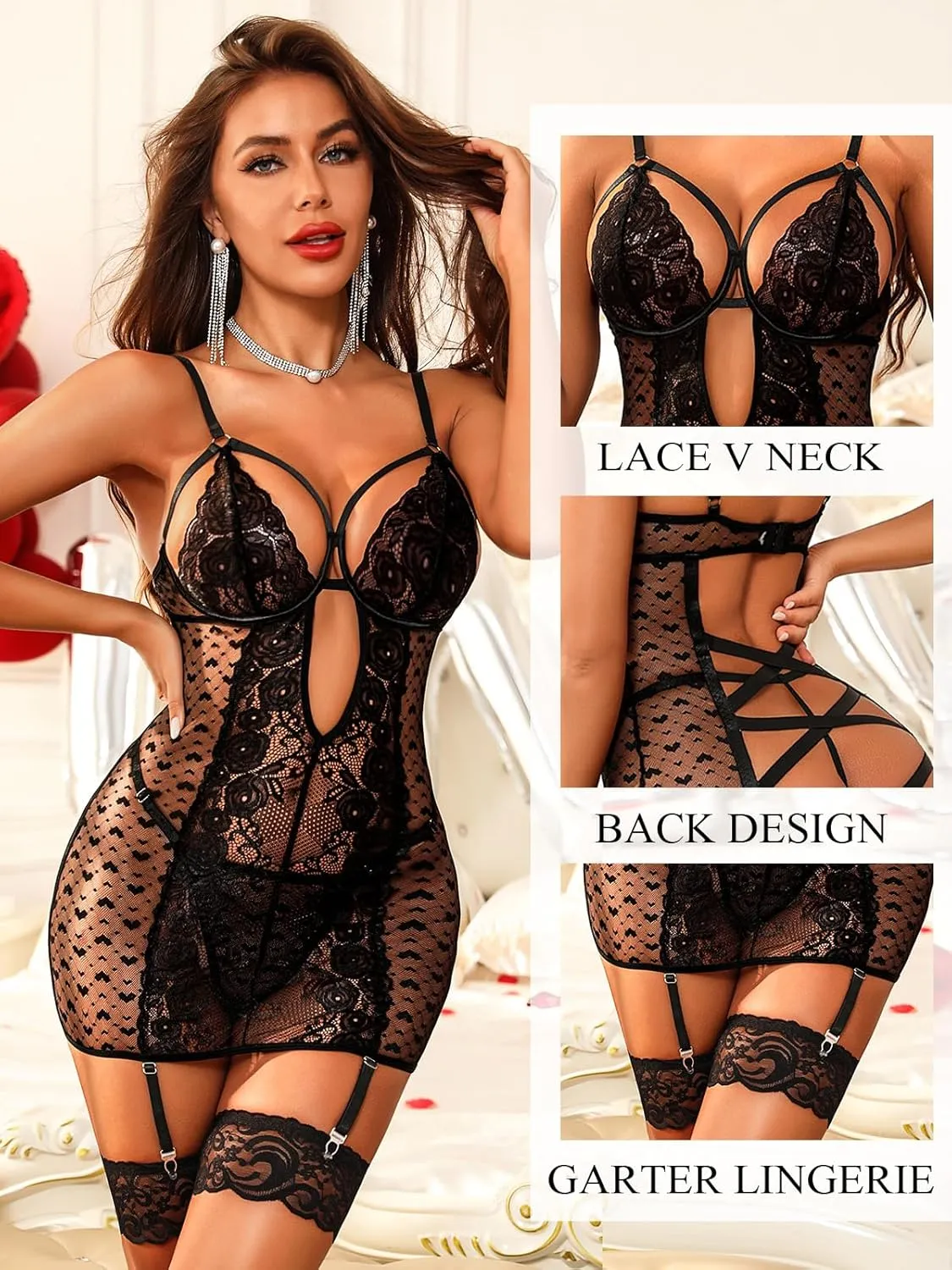 Aranmei Lingerie for Women Lace Babydoll Garter Lingerie Sets 3 Piece Mesh Chemise Teddy Bodysuit