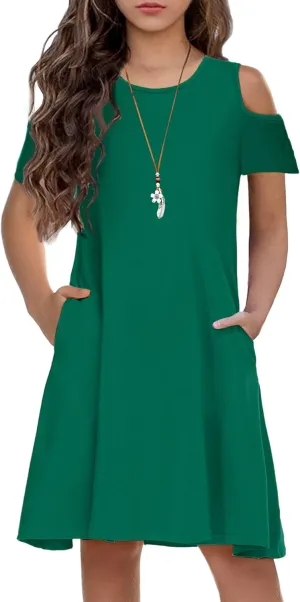 Arshiner Girls Summer Dress Short Sleeve Cold Shoulder Solid Color Swing Casual Dresses with Pockets
