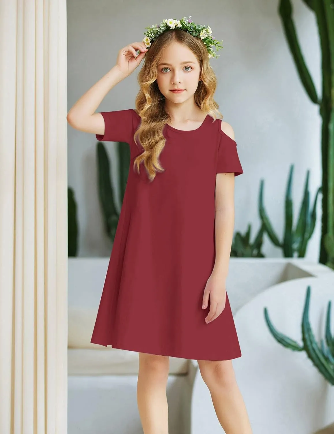 Arshiner Girls Summer Dress Short Sleeve Cold Shoulder Solid Color Swing Casual Dresses with Pockets