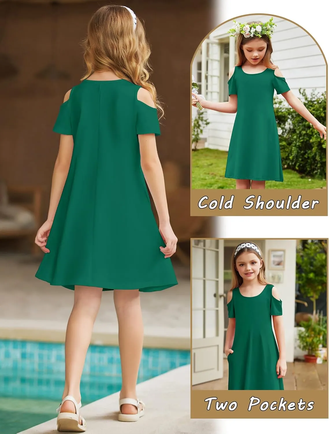 Arshiner Girls Summer Dress Short Sleeve Cold Shoulder Solid Color Swing Casual Dresses with Pockets