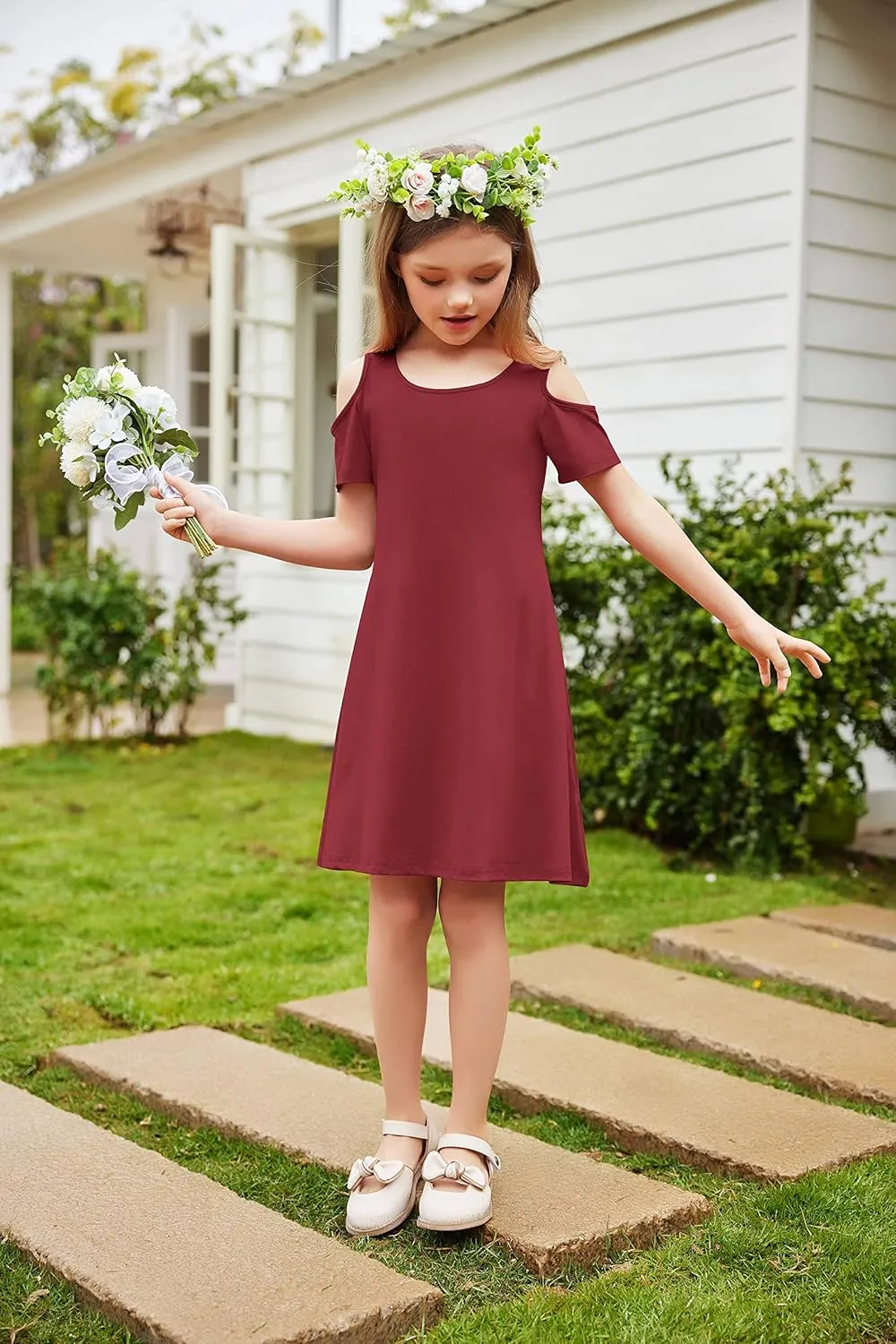 Arshiner Girls Summer Dress Short Sleeve Cold Shoulder Solid Color Swing Casual Dresses with Pockets