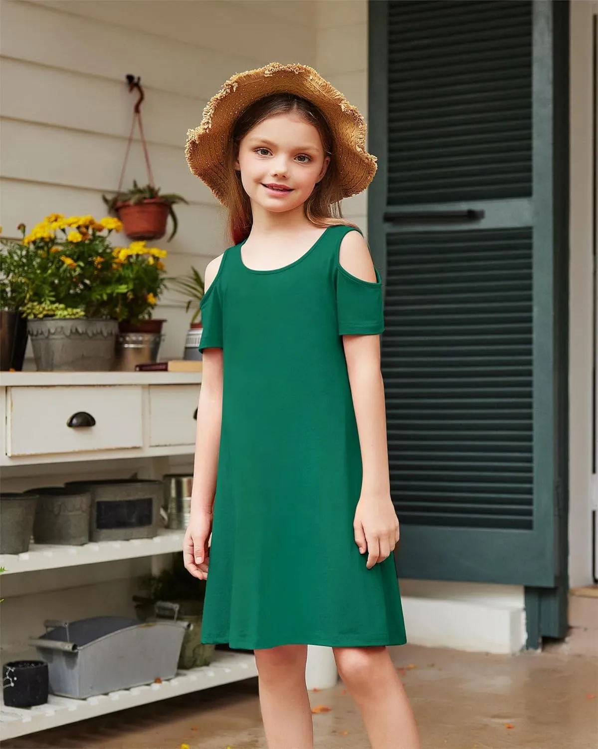 Arshiner Girls Summer Dress Short Sleeve Cold Shoulder Solid Color Swing Casual Dresses with Pockets
