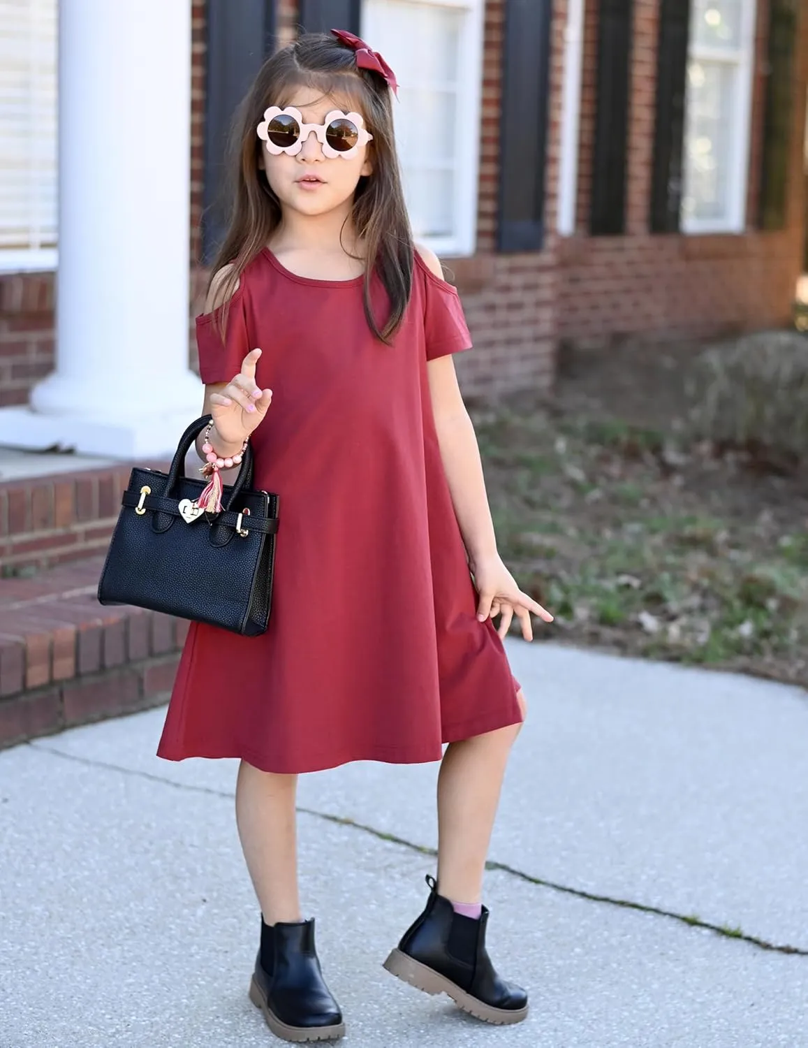 Arshiner Girls Summer Dress Short Sleeve Cold Shoulder Solid Color Swing Casual Dresses with Pockets