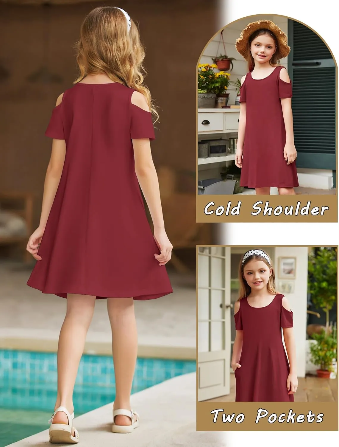 Arshiner Girls Summer Dress Short Sleeve Cold Shoulder Solid Color Swing Casual Dresses with Pockets