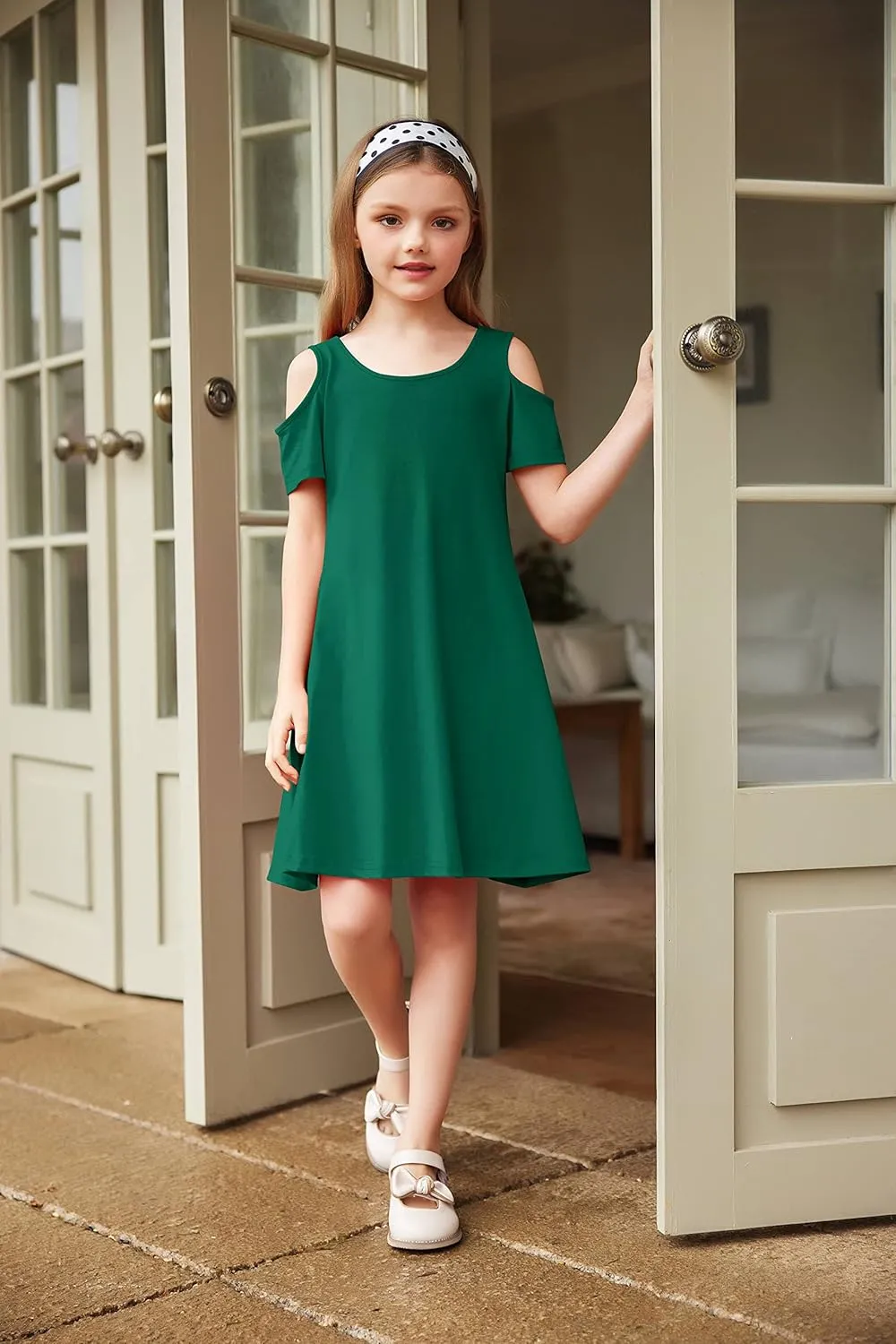 Arshiner Girls Summer Dress Short Sleeve Cold Shoulder Solid Color Swing Casual Dresses with Pockets