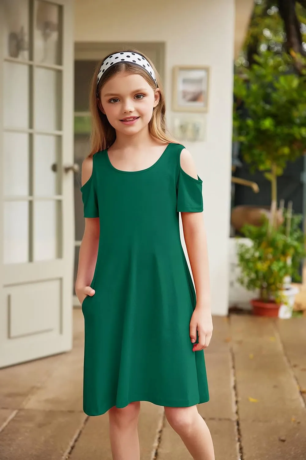 Arshiner Girls Summer Dress Short Sleeve Cold Shoulder Solid Color Swing Casual Dresses with Pockets