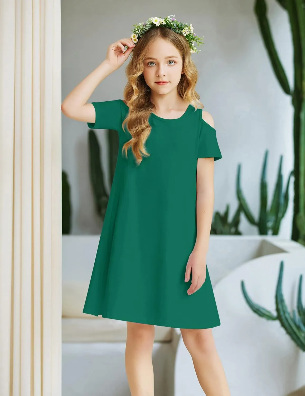 Arshiner Girls Summer Dress Short Sleeve Cold Shoulder Solid Color Swing Casual Dresses with Pockets