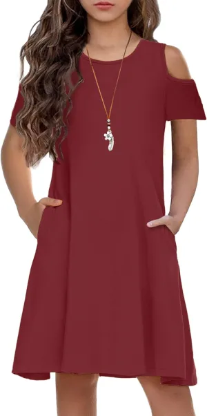 Arshiner Girls Summer Dress Short Sleeve Cold Shoulder Solid Color Swing Casual Dresses with Pockets