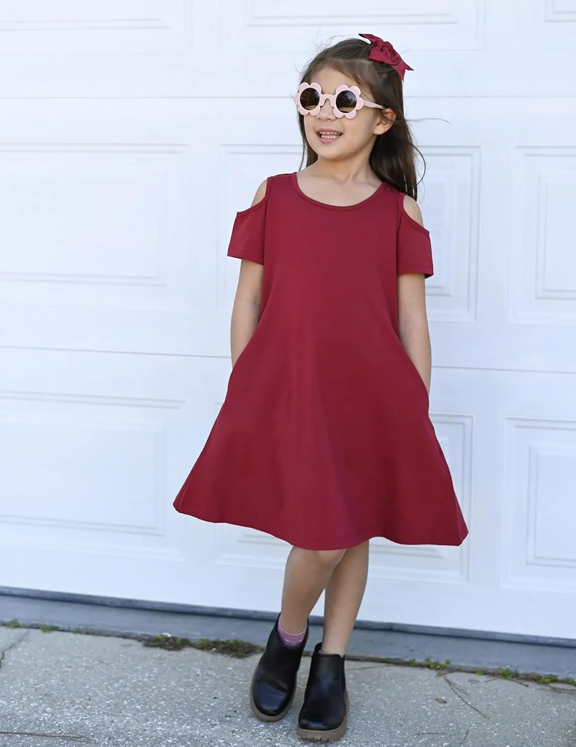 Arshiner Girls Summer Dress Short Sleeve Cold Shoulder Solid Color Swing Casual Dresses with Pockets