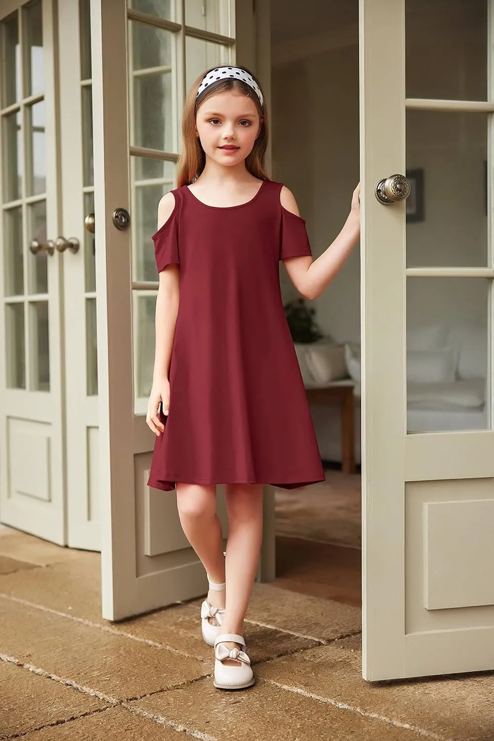 Arshiner Girls Summer Dress Short Sleeve Cold Shoulder Solid Color Swing Casual Dresses with Pockets