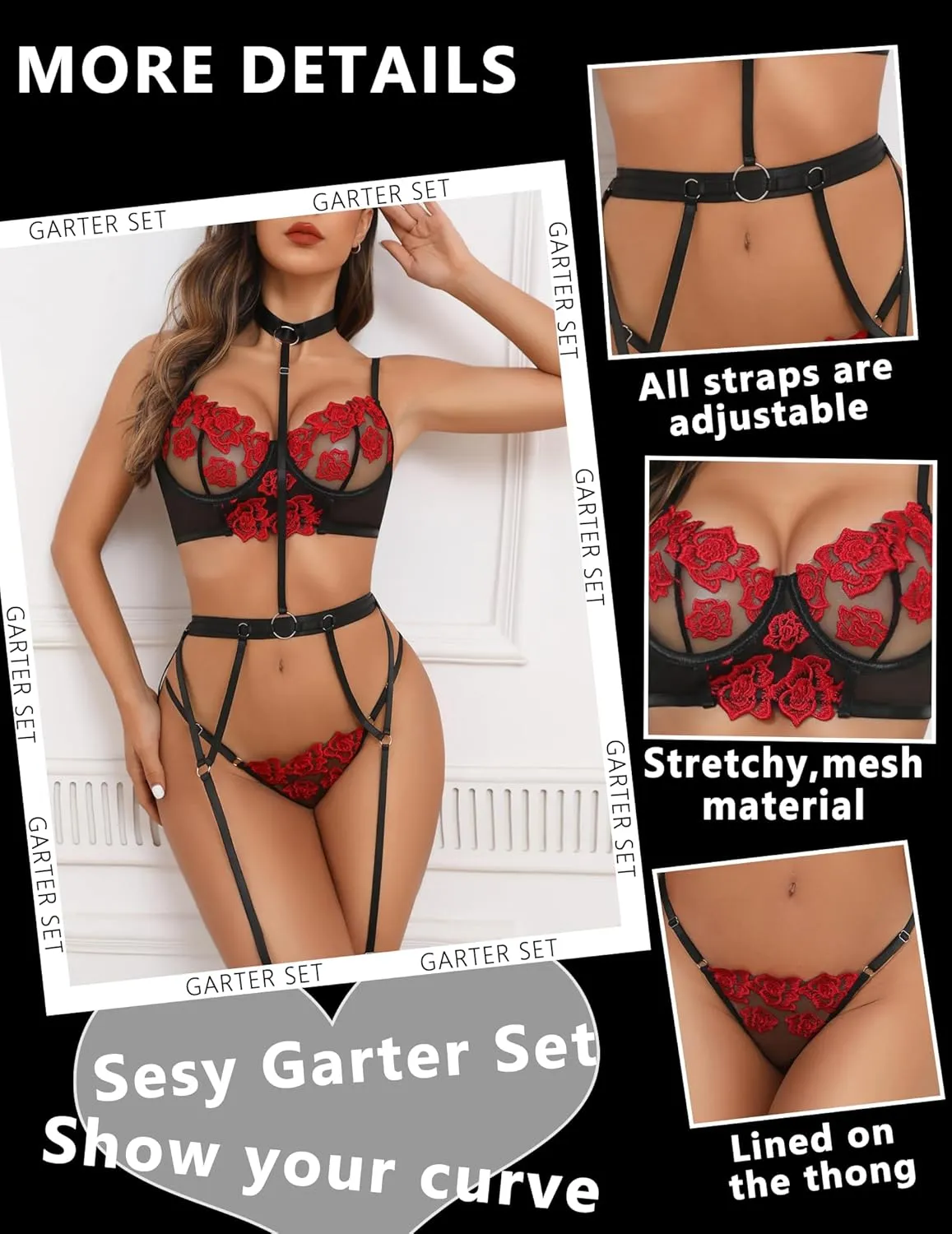 Avidlove Garter Lingerie Sets for Women Sexy with Removable Choker Floral Embroidered Underwire Lingerie (No Stockings)