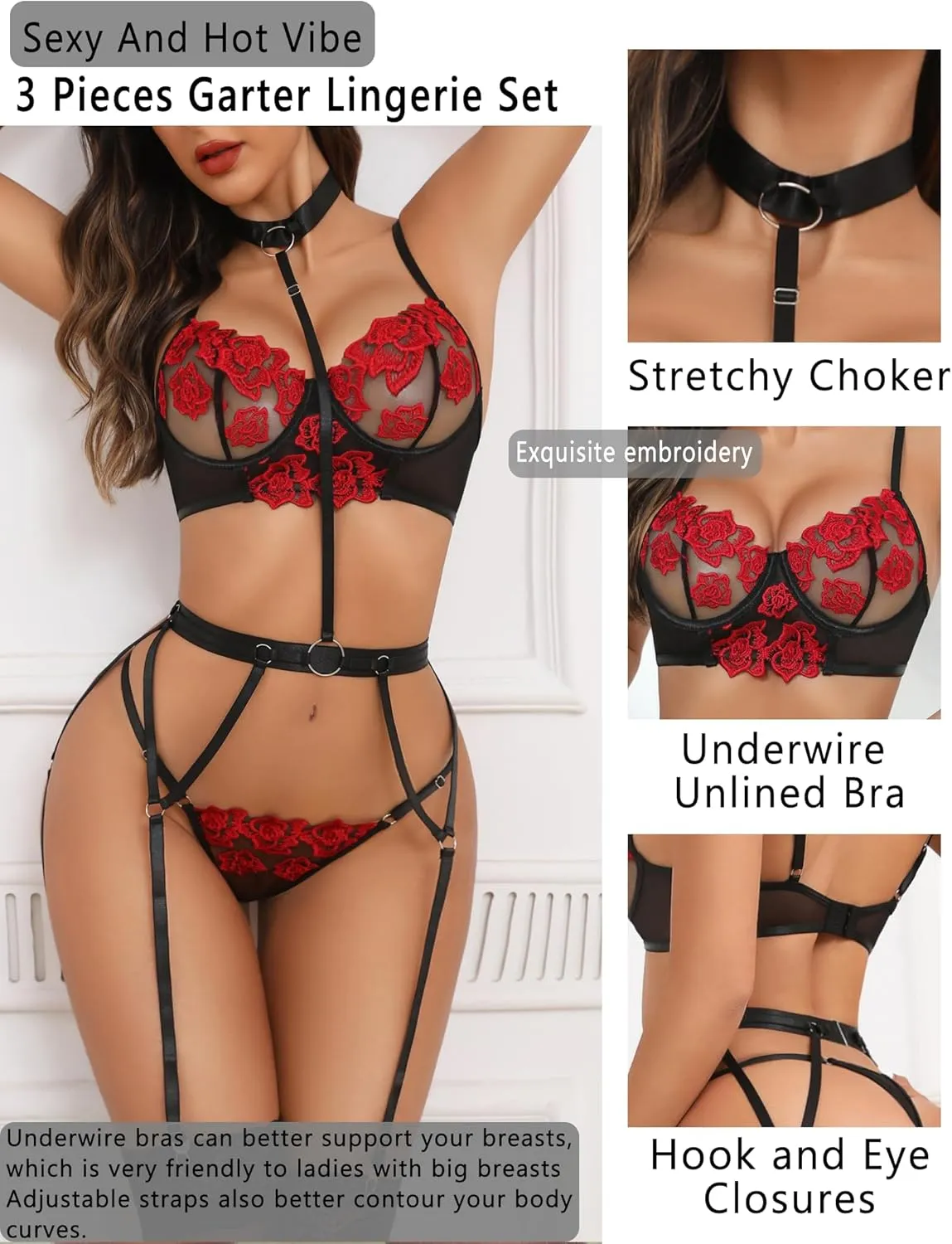 Avidlove Garter Lingerie Sets for Women Sexy with Removable Choker Floral Embroidered Underwire Lingerie (No Stockings)