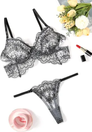 Avidlove Lingerie for Women Floral Lace Bra and Panty Sets V Neck 2 Piece Babydoll Outfits